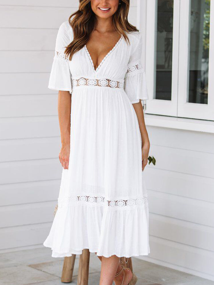 Summer Holiday Deep V-Neck White Hollow Lace Dress