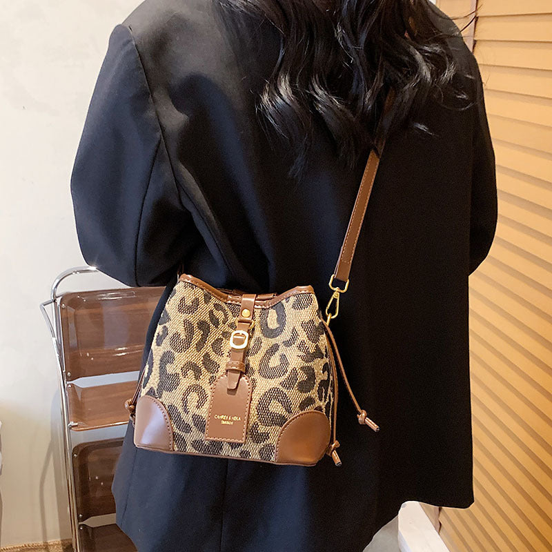 Women's Leopard Print Drawstring Bucket Bag PU Crossbody Bag