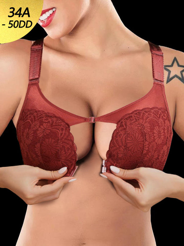 Embroidered Daisy Back Front Closure Wireless Push Up Bras
