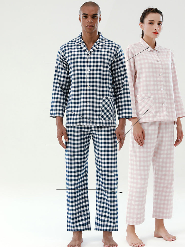 Cotton Plaid Pajamas Set Long Sleeve Sleepwear for Men&Women