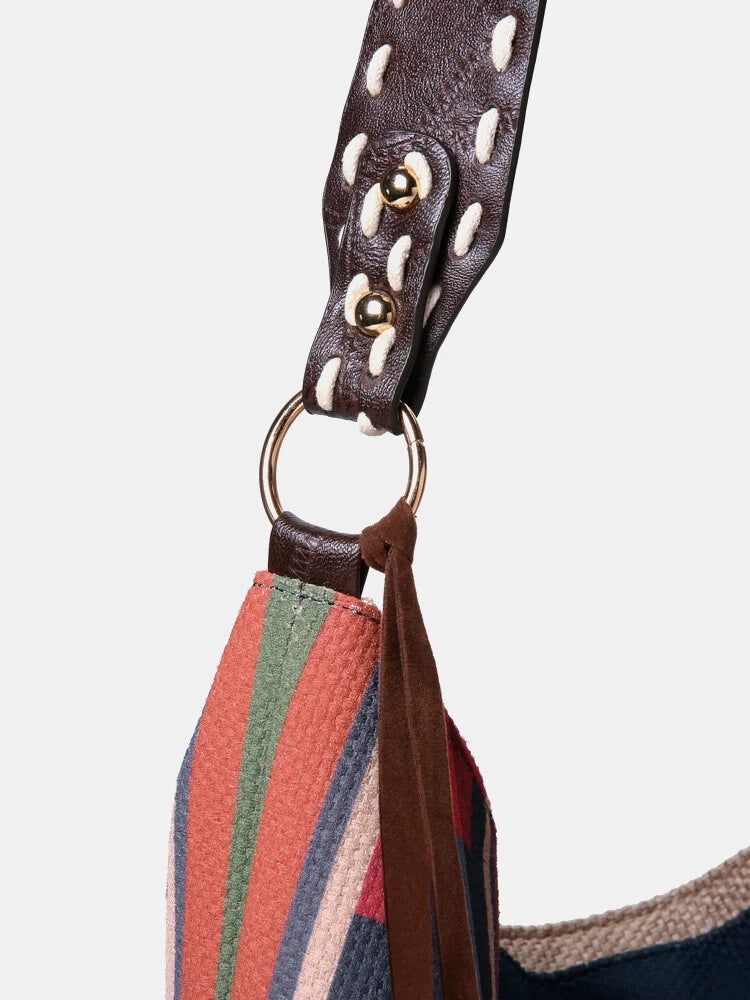 Retro Geometric Print Tassel Felt Ethnic Tote Shoulder Bag
