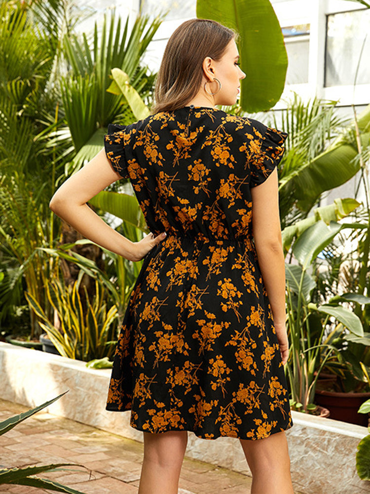 Plus Size Floral Print Empire Waist Short Pleated Sleeve Flare Dress