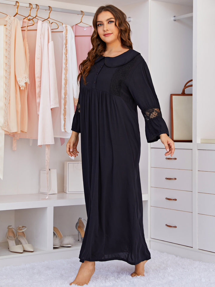 Women Plus Size Lace Long Sleeve Sleepwear Midi Dress