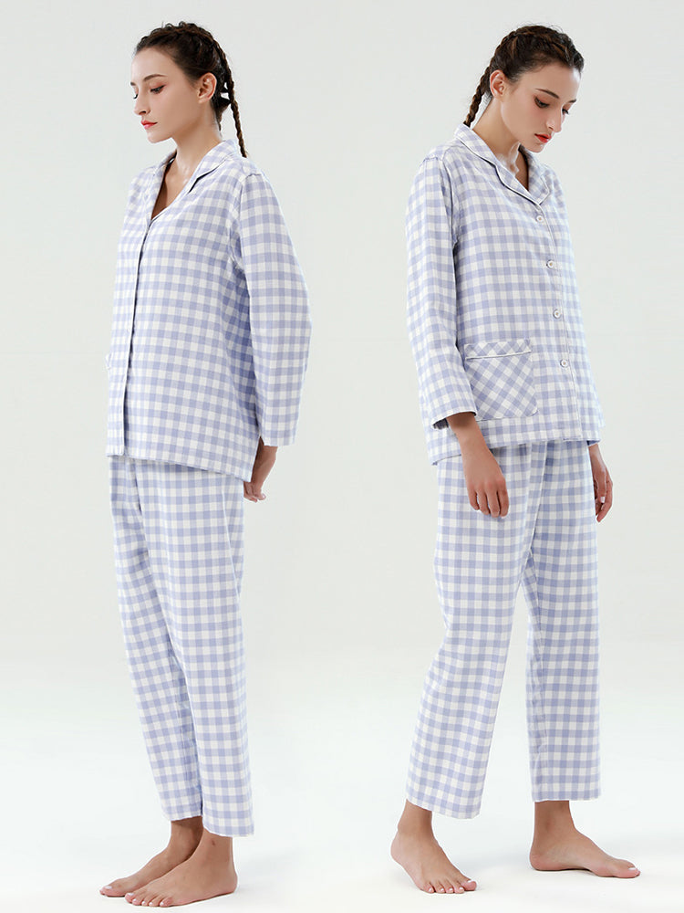 Cotton Plaid Pajamas Set Long Sleeve Sleepwear for Men&Women