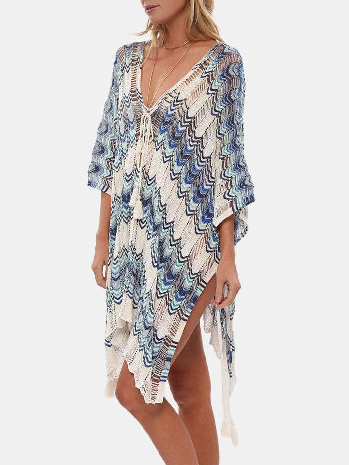 Stripes Printing Crochet Front Bandage Side Slit Swimsuit Cover Ups