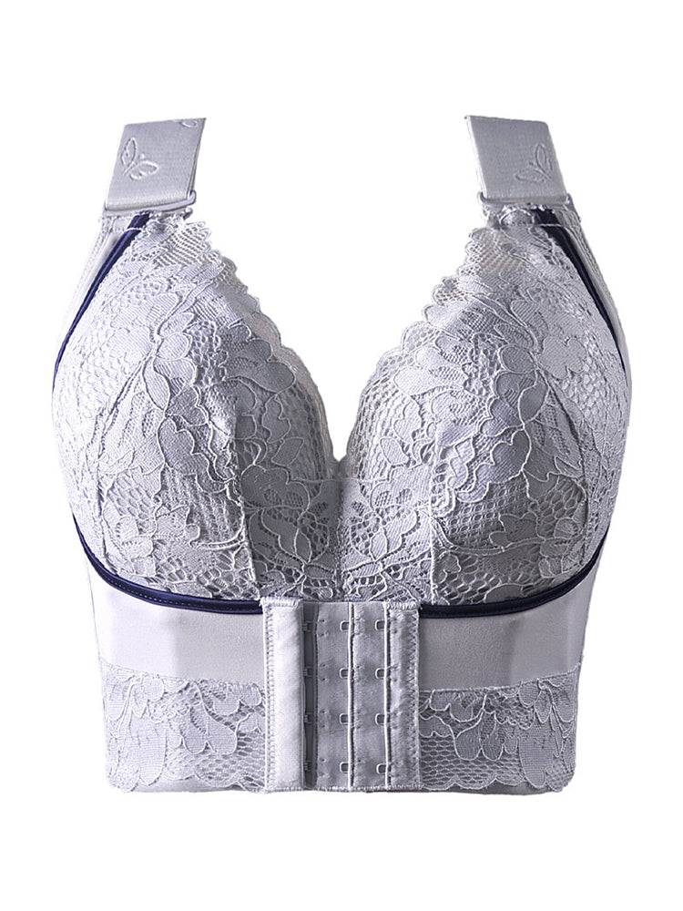 Lace Longline Wireless Support Wide Straps Bras with Front Buckle