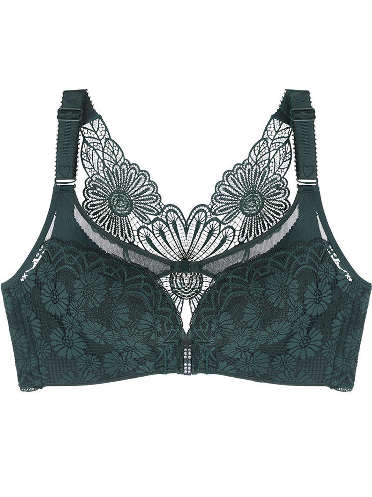 Embroidered Daisy Back Front Closure Wireless Push Up Bras