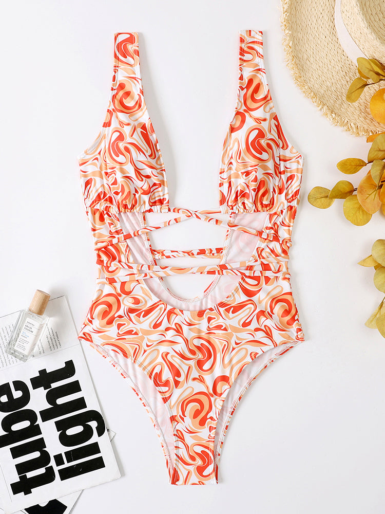 Pink Printed Lace-Up Cutout Backless Swimsuit