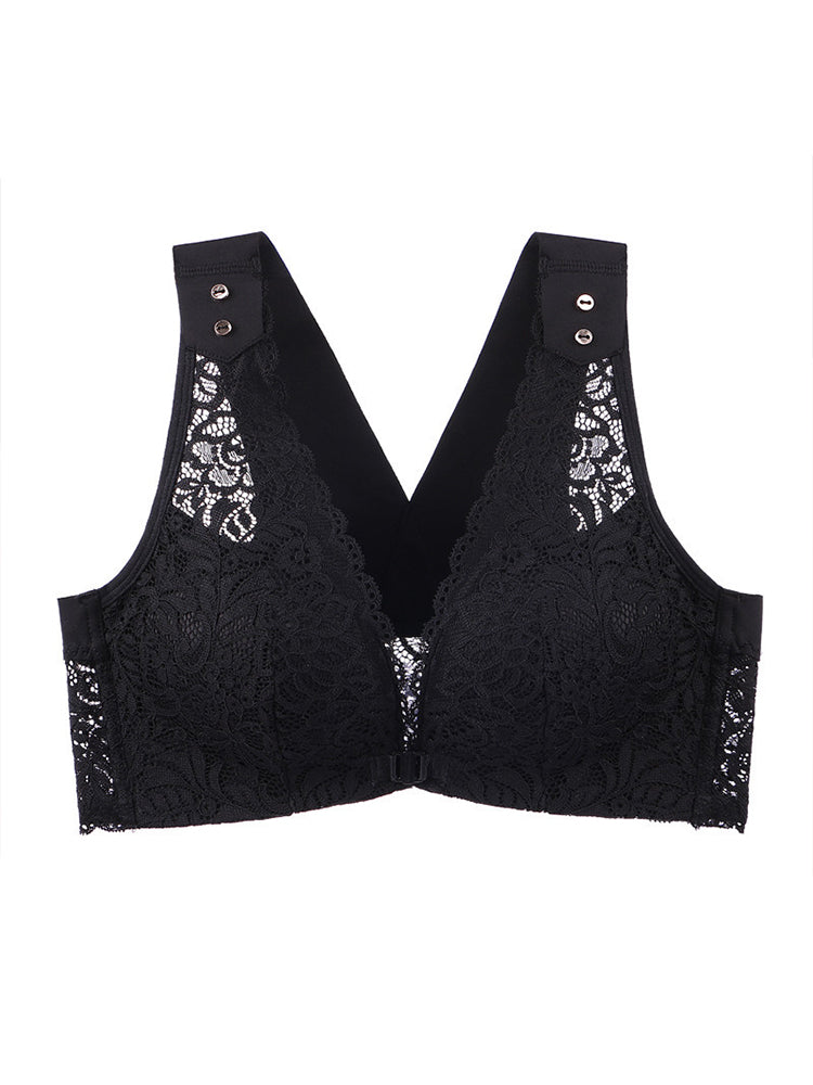 Women's Breathable Floral Embroidered Lace Front Closure Wireless Bras