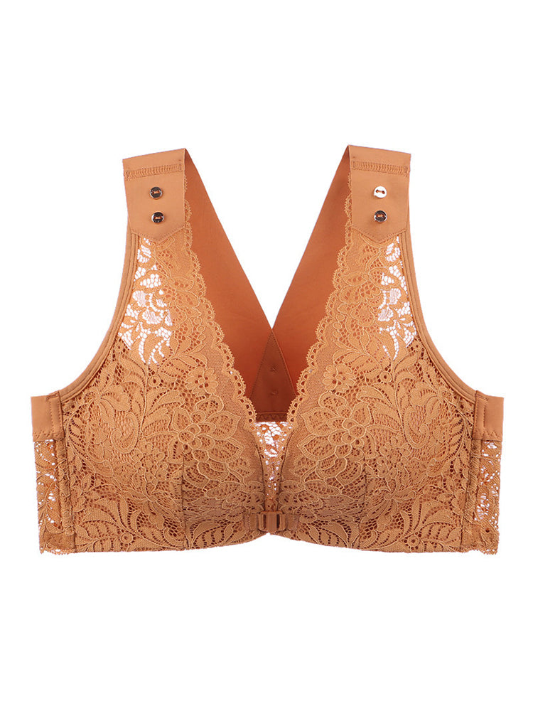 Women's Breathable Floral Embroidered Lace Front Closure Wireless Bras