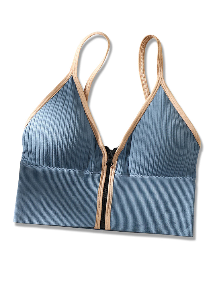 Women's V-Neck Zipper Front Wirefree Removable Pads Yoga Bra