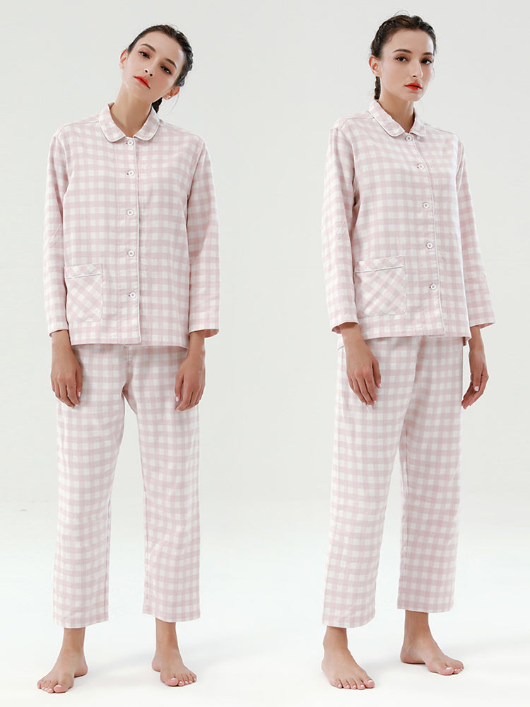Cotton Plaid Pajamas Set Long Sleeve Sleepwear for Men&Women