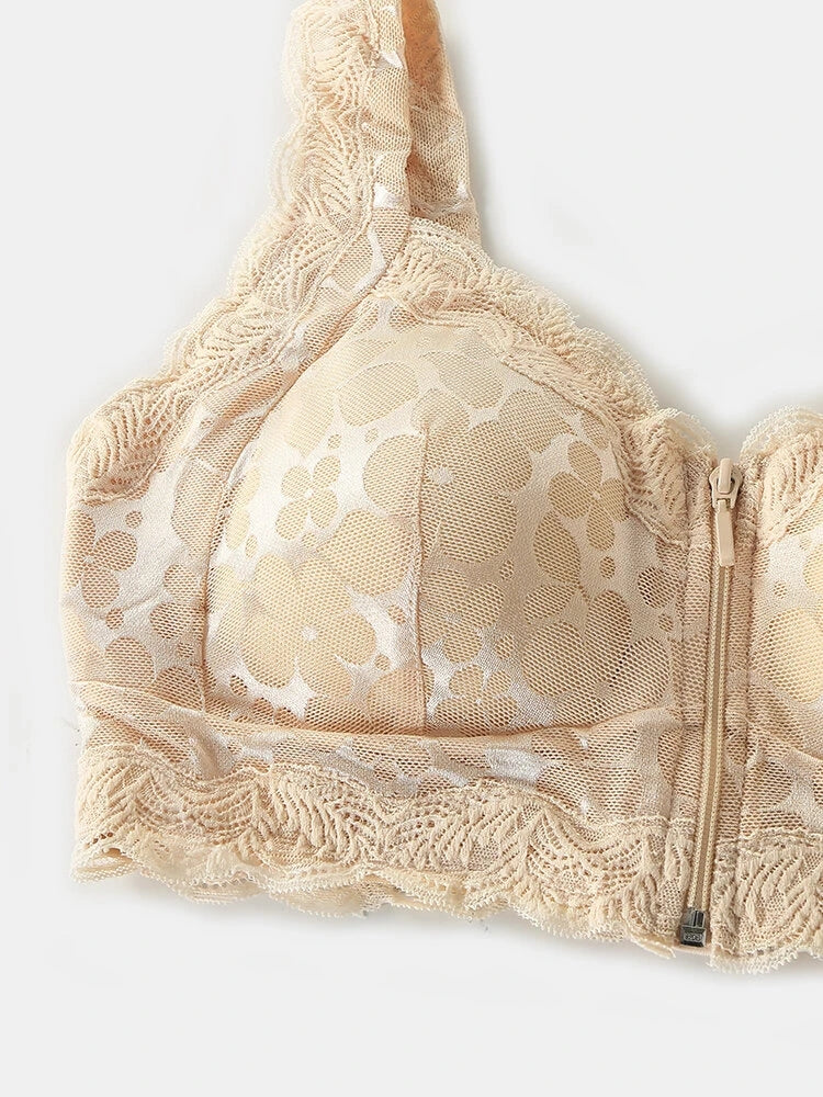 Front Zipper Floral Lace Bralette with Removable Pads
