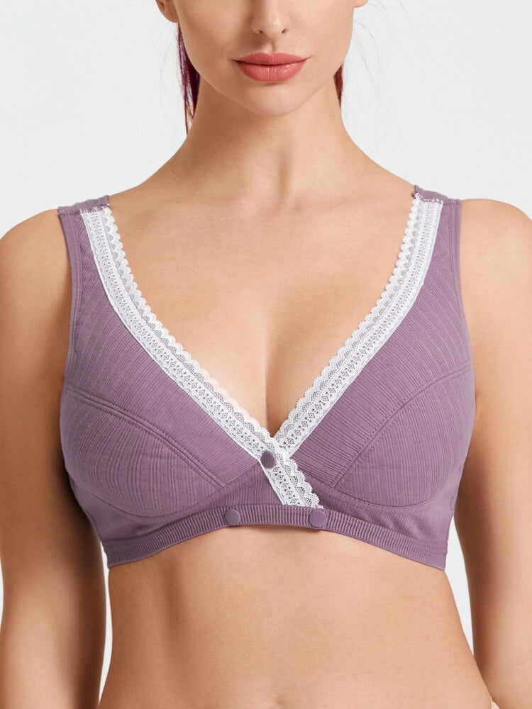 V-Neck Front Button Closure Cotton Wireless Bra