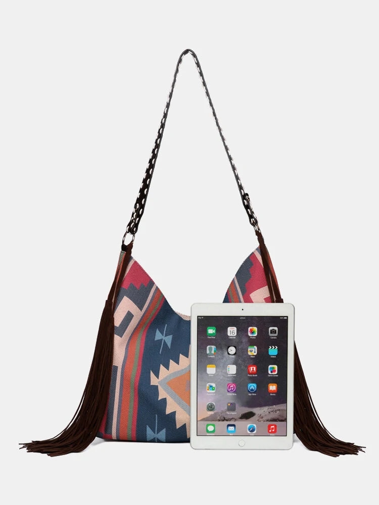 Retro Geometric Print Tassel Felt Ethnic Tote Shoulder Bag