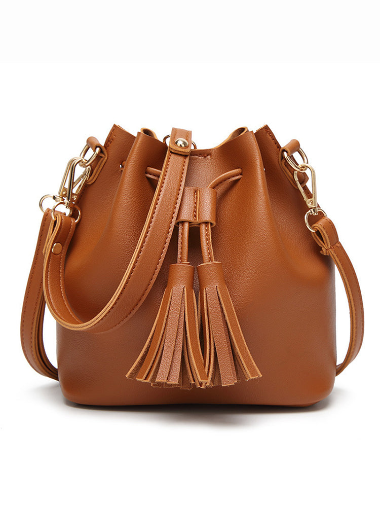 Women PU Leather Vintage Tassel Bucket Bags Mini Crossbody Bags