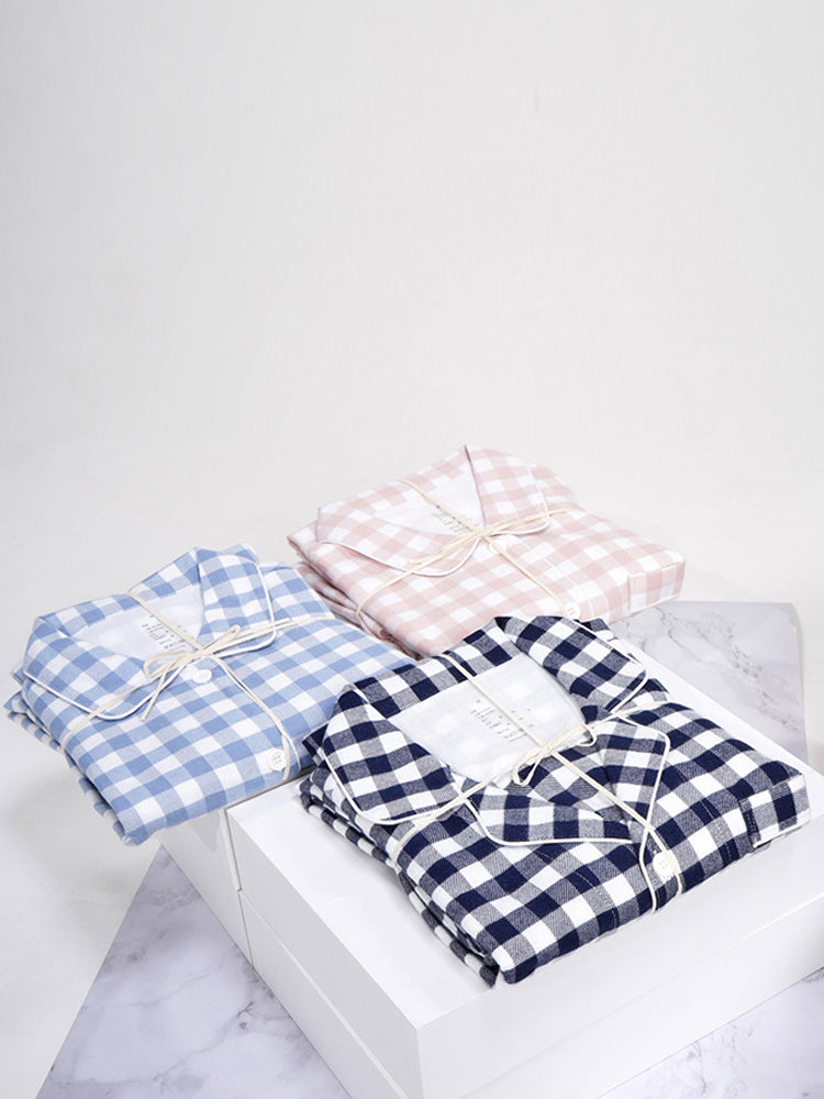 Cotton Plaid Pajamas Set Long Sleeve Sleepwear for Men&Women