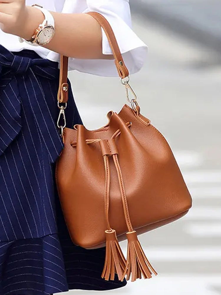 Women PU Leather Vintage Tassel Bucket Bags Mini Crossbody Bags