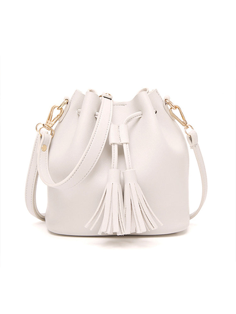 Women PU Leather Vintage Tassel Bucket Bags Mini Crossbody Bags