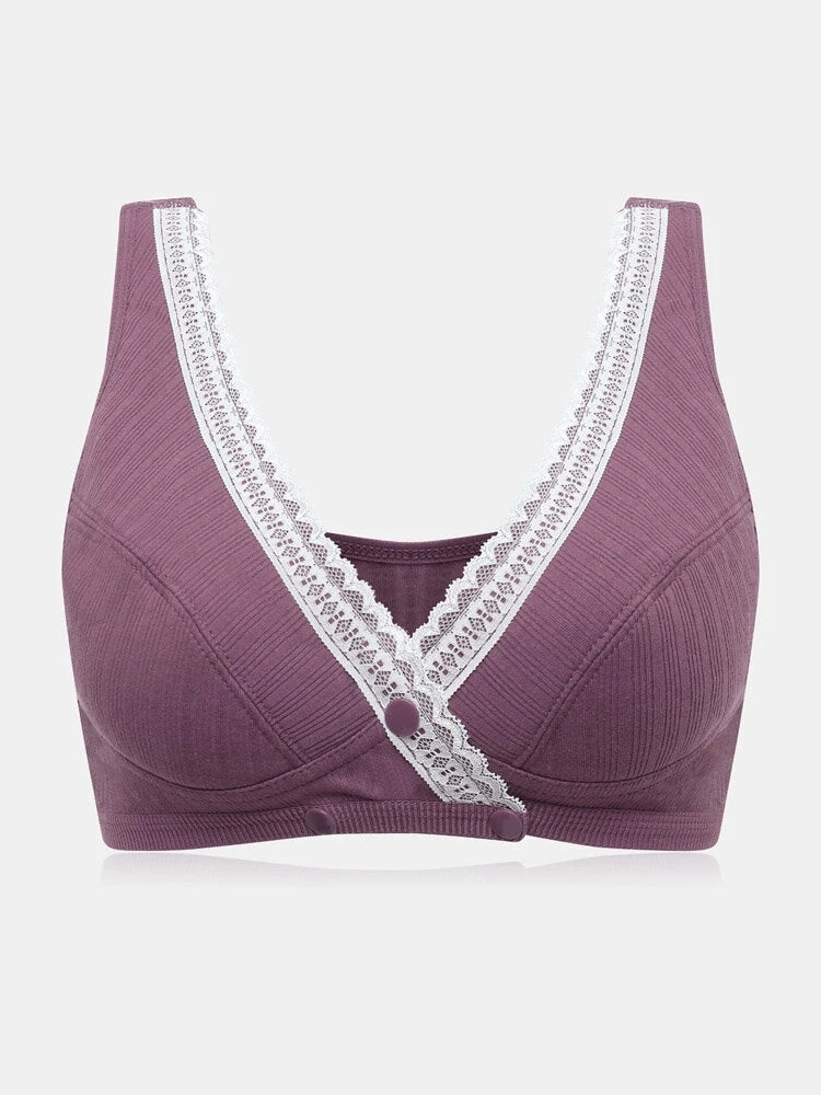 V-Neck Front Button Closure Cotton Wireless Bra