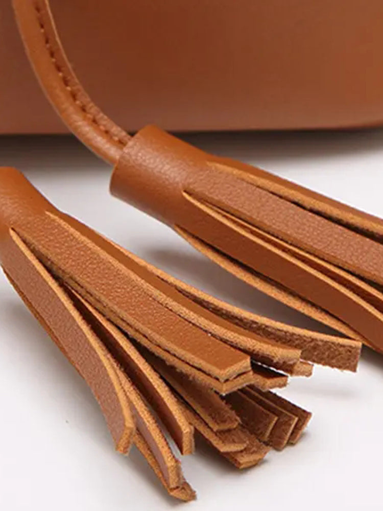 Women PU Leather Vintage Tassel Bucket Bags Mini Crossbody Bags