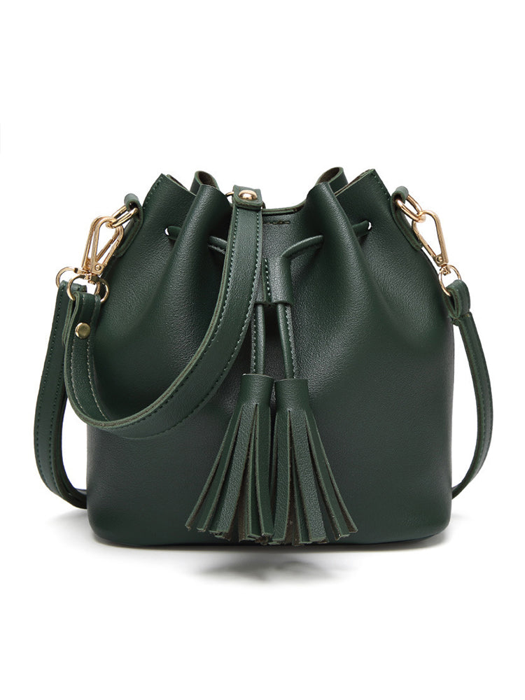 Women PU Leather Vintage Tassel Bucket Bags Mini Crossbody Bags