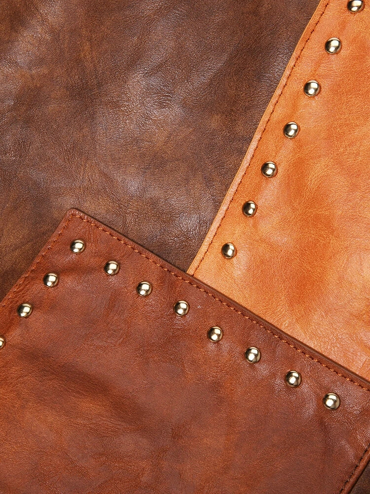 Faux Leather Waterproof Vintage Rivet Color Block Large Capacity Shoulder Bag