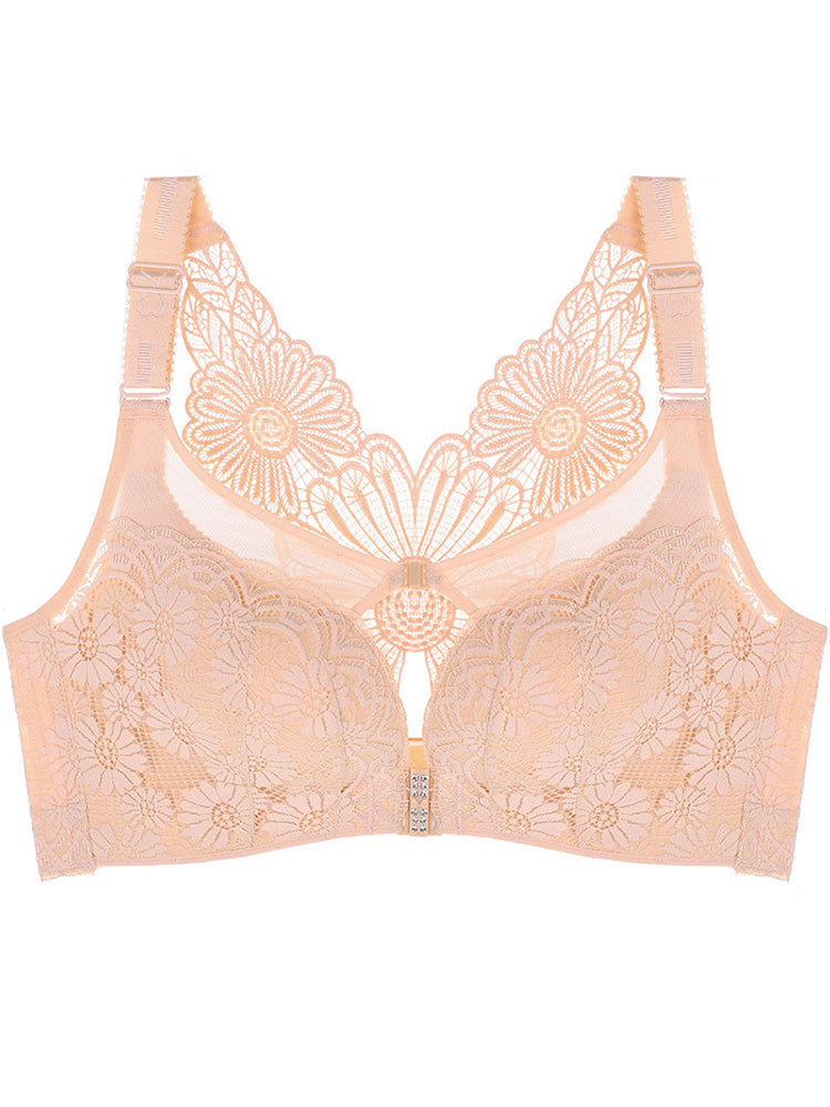 Embroidered Daisy Back Front Closure Wireless Push Up Bras