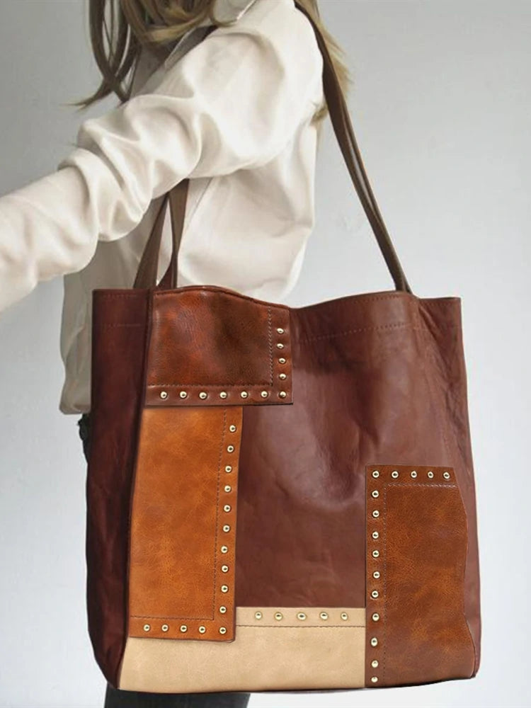 Faux Leather Waterproof Vintage Rivet Color Block Large Capacity Shoulder Bag