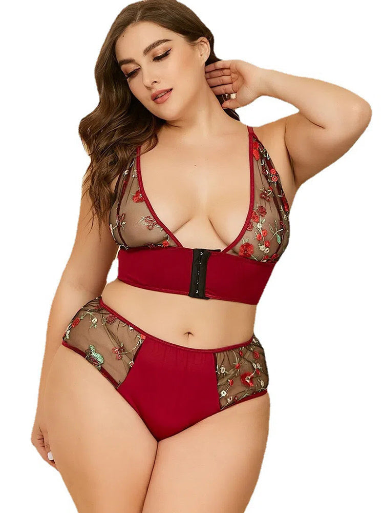 Sexy Sheer Lace Embroidered Front Closure Non Padded Bra Set