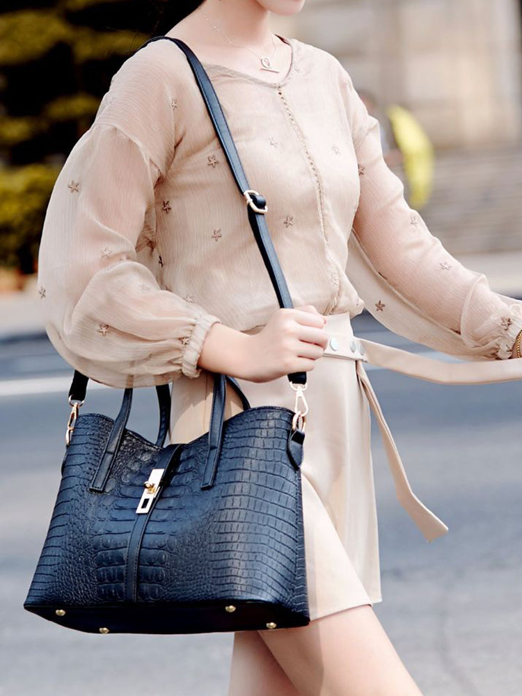 Women's Crocodile Shoulder Bags Tote Satchel Hobo 3pcs Purse Set
