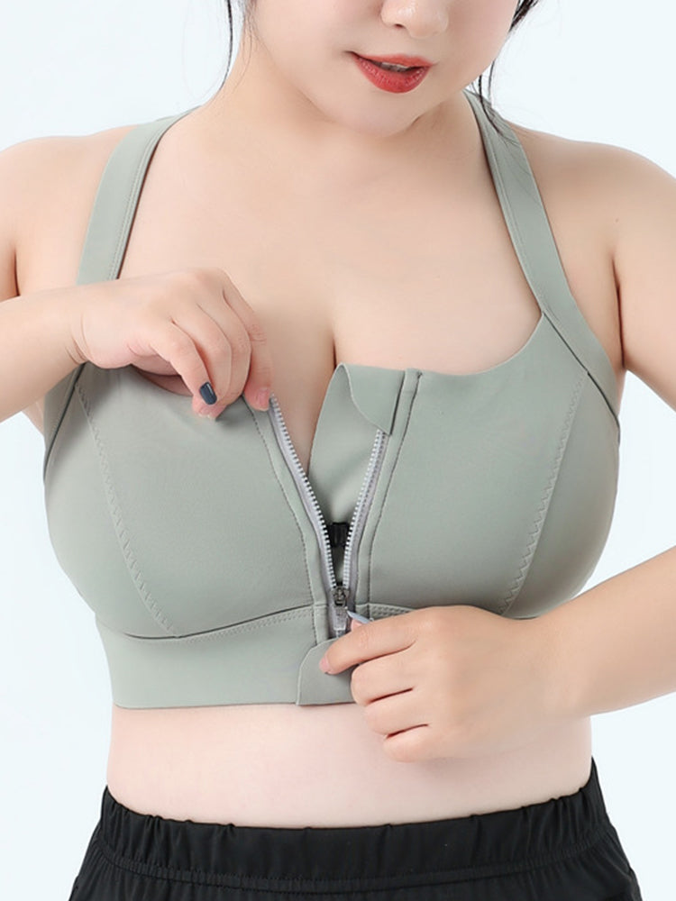 Women Front Zipper Racerback Sports Supportive Wirefree Bra