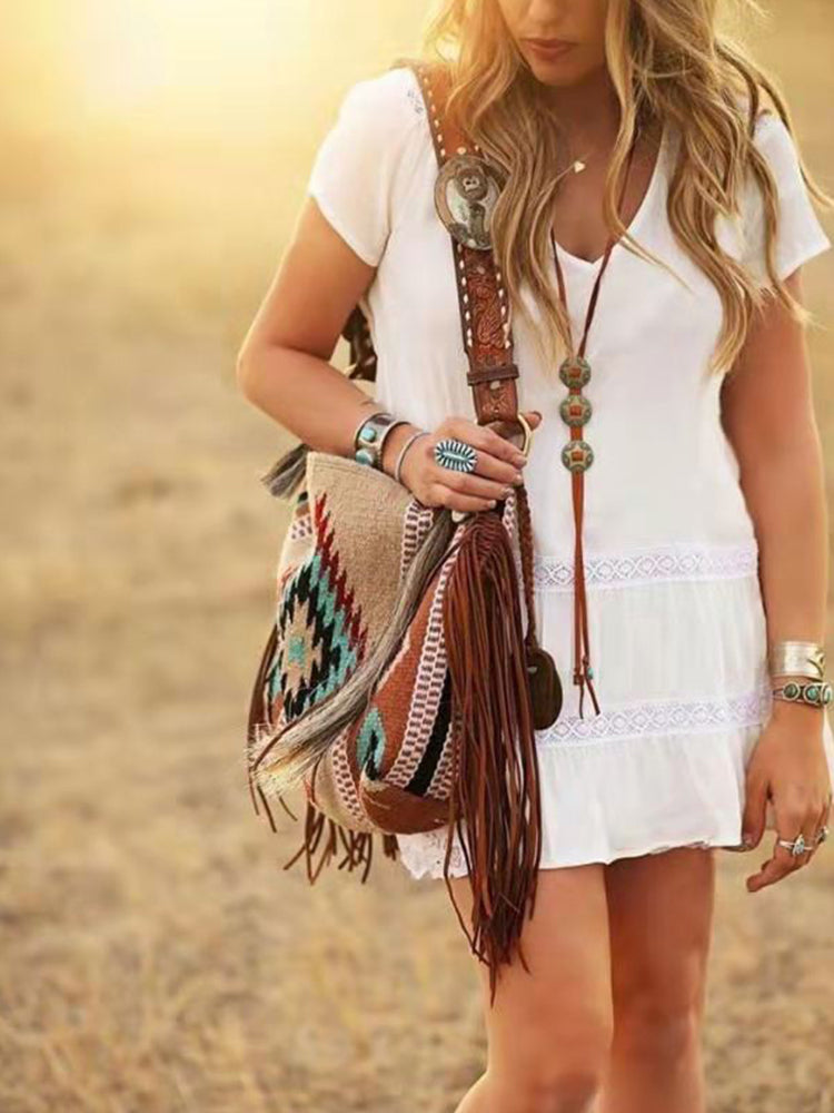 Retro Geometric Print Tassel Felt Ethnic Tote Shoulder Bag