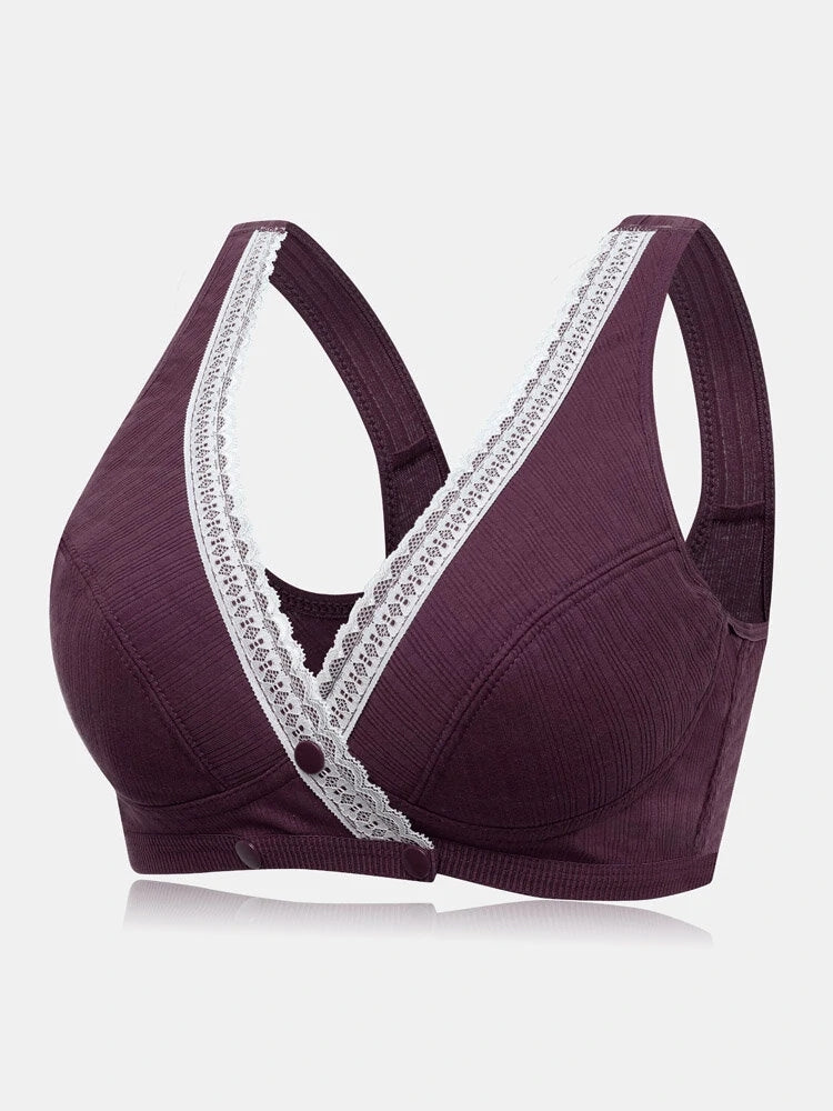 V-Neck Front Button Closure Cotton Wireless Bra