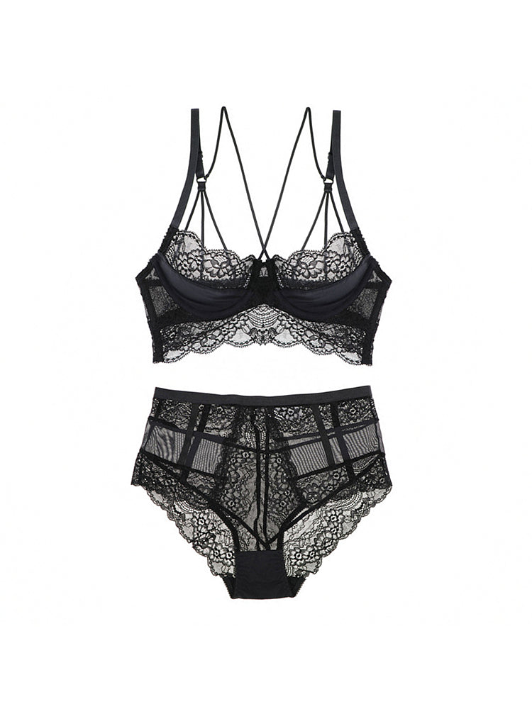 Women's Push Up Sexy Lace Lingerie Bra and Sheer Panties