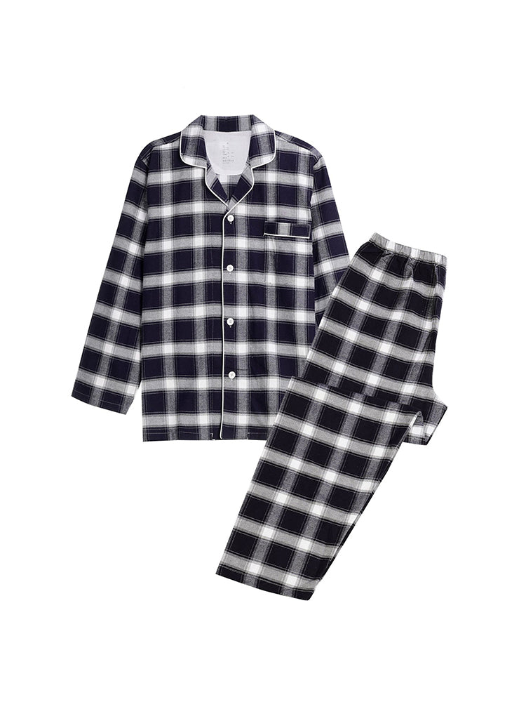 Cotton Plaid Pajamas Set Long Sleeve Sleepwear for Men&Women