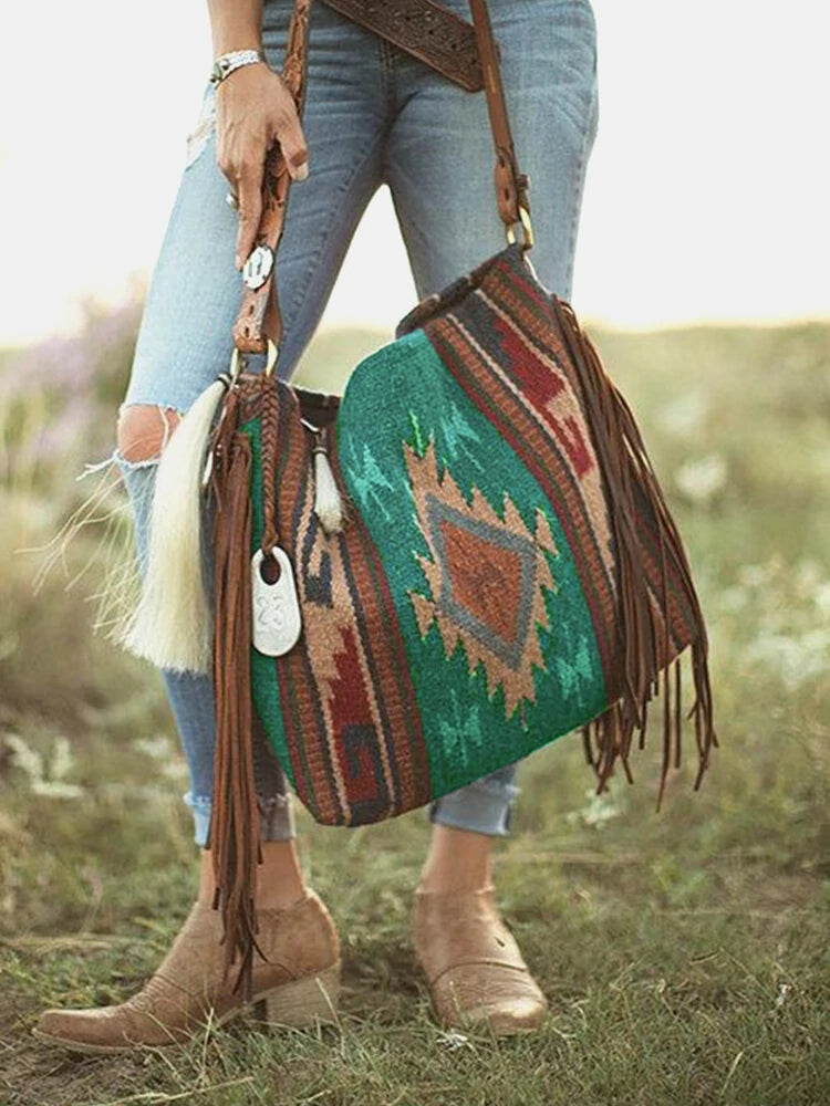 Retro Geometric Print Tassel Felt Ethnic Tote Shoulder Bag