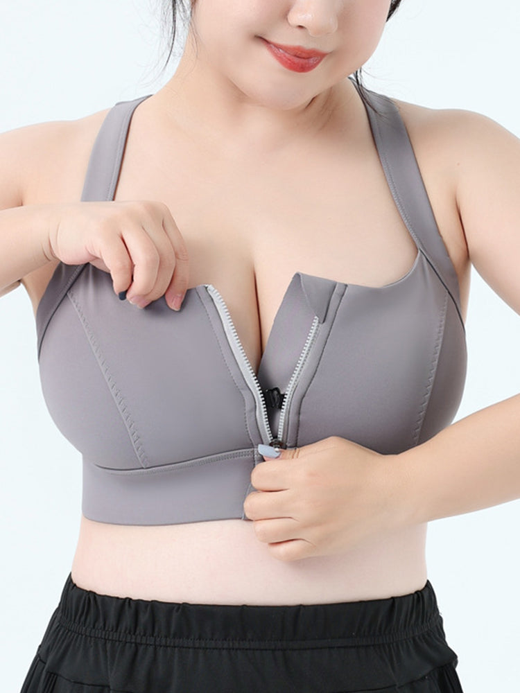 Women Front Zipper Racerback Sports Supportive Wirefree Bra