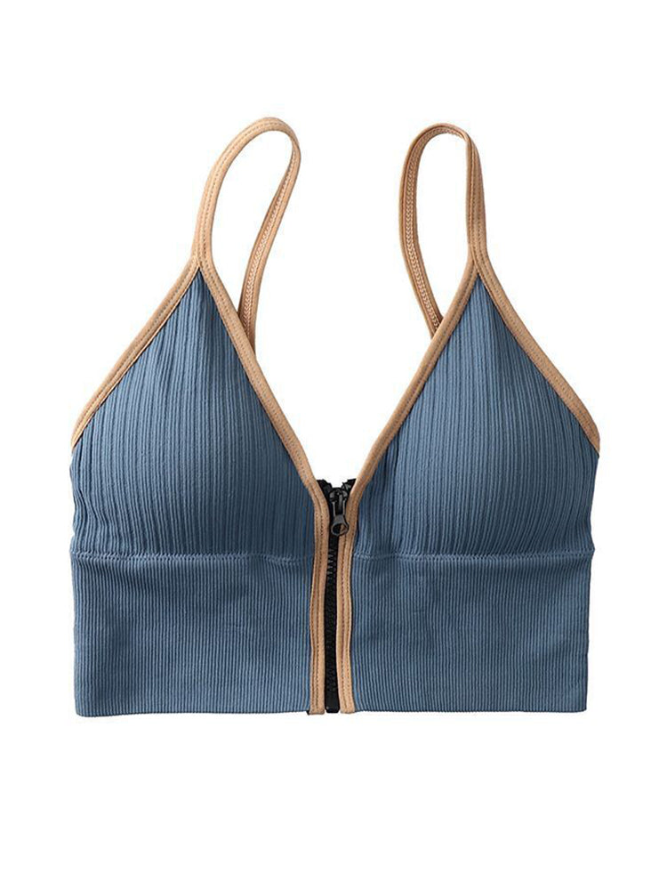 Women's V-Neck Zipper Front Wirefree Removable Pads Yoga Bra