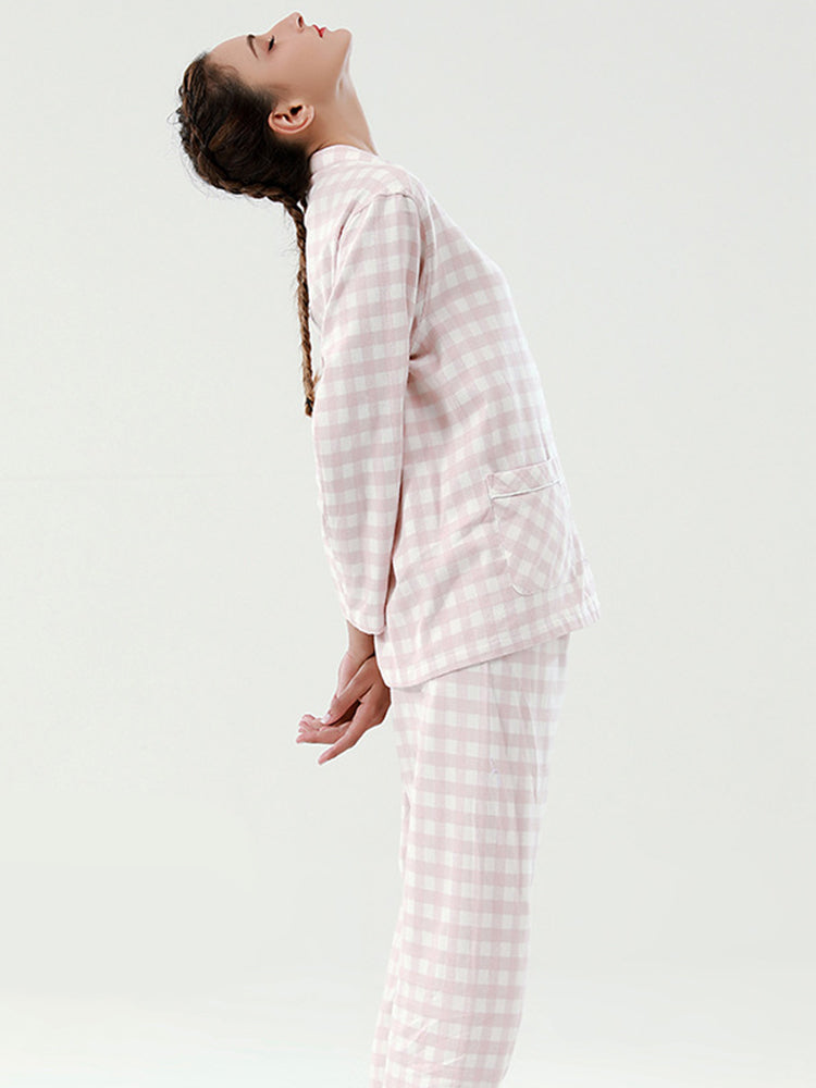Cotton Plaid Pajamas Set Long Sleeve Sleepwear for Men&Women
