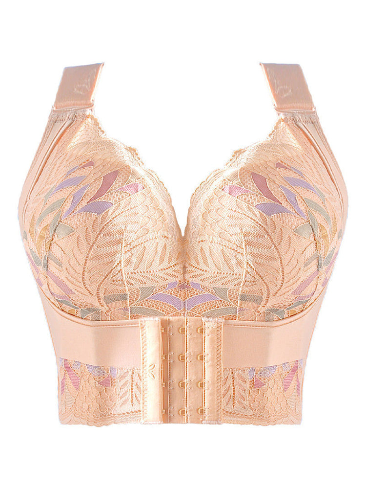 Lace Longline Wireless Support Wide Straps Bras with Front Buckle