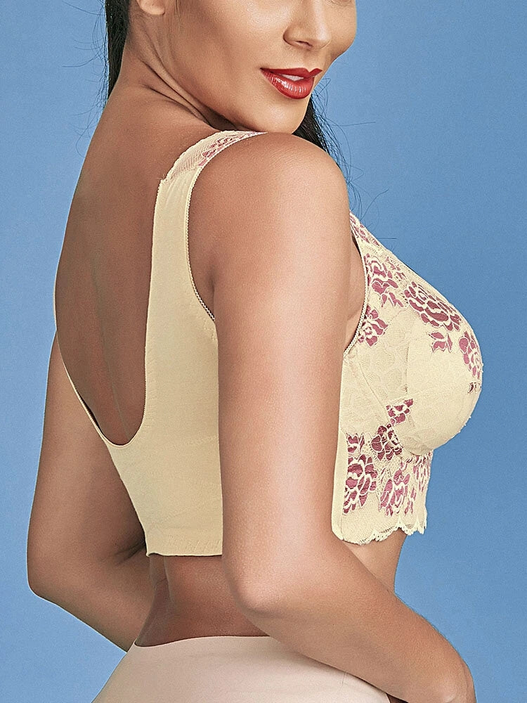 Flower Lace Zipper Front Wide Shoulder Straps Wireless Bra