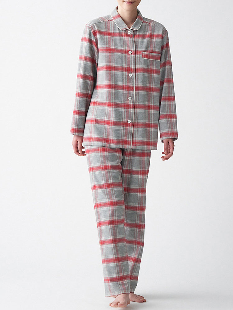 Cotton Plaid Pajamas Set Long Sleeve Sleepwear for Men&Women