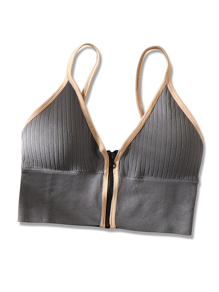 Women's V-Neck Zipper Front Wirefree Removable Pads Yoga Bra
