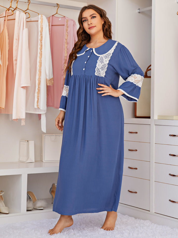 Women Plus Size Lace Long Sleeve Sleepwear Midi Dress