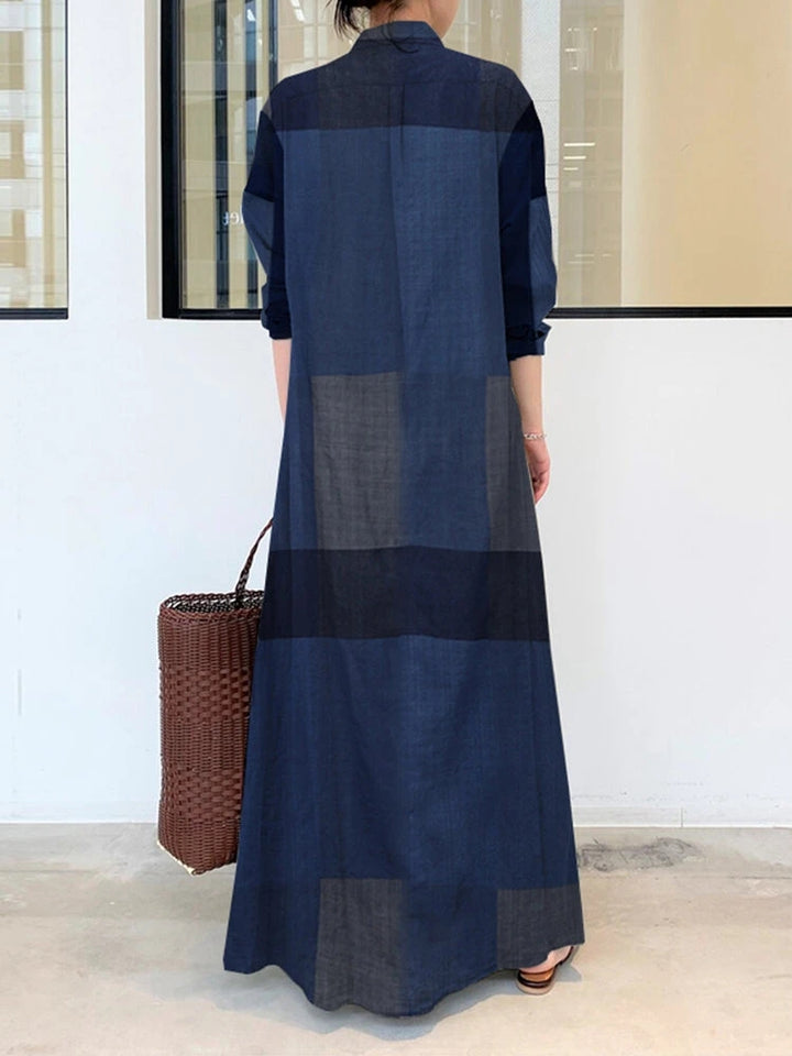 Vintage Plaid Stand Collar Pocket Maxi Shirt Dresses