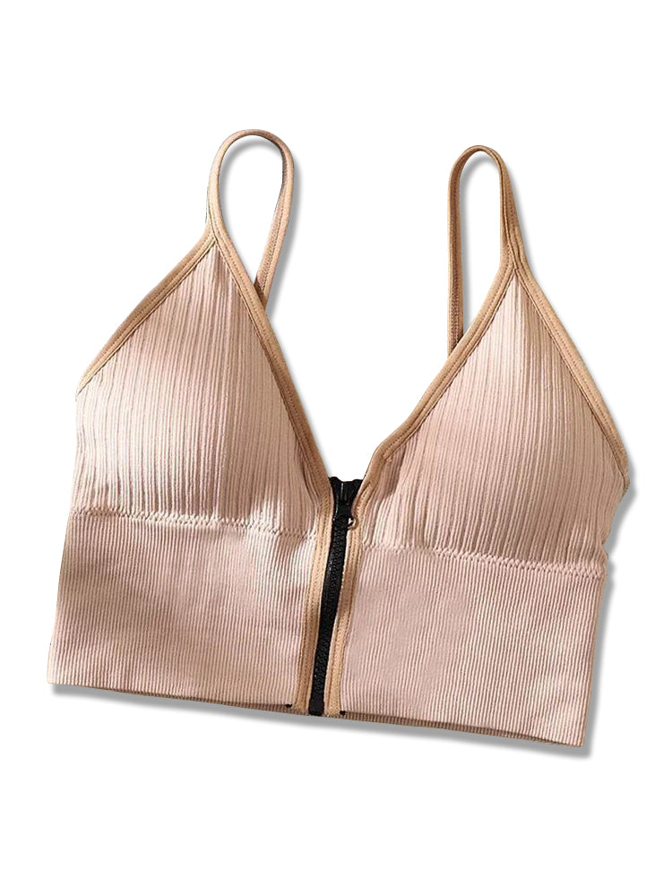 Women's V-Neck Zipper Front Wirefree Removable Pads Yoga Bra