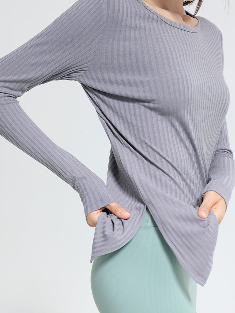 Women Long Sleeve Workout Shirts Slim Fit Ribbed Yoga Tops