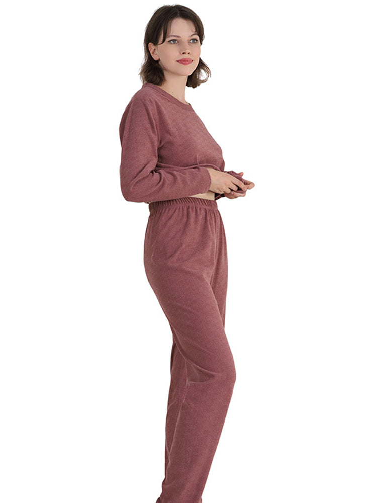 Women Solid Fleece Lined Long Sleeve Plus Size Pajama Sets