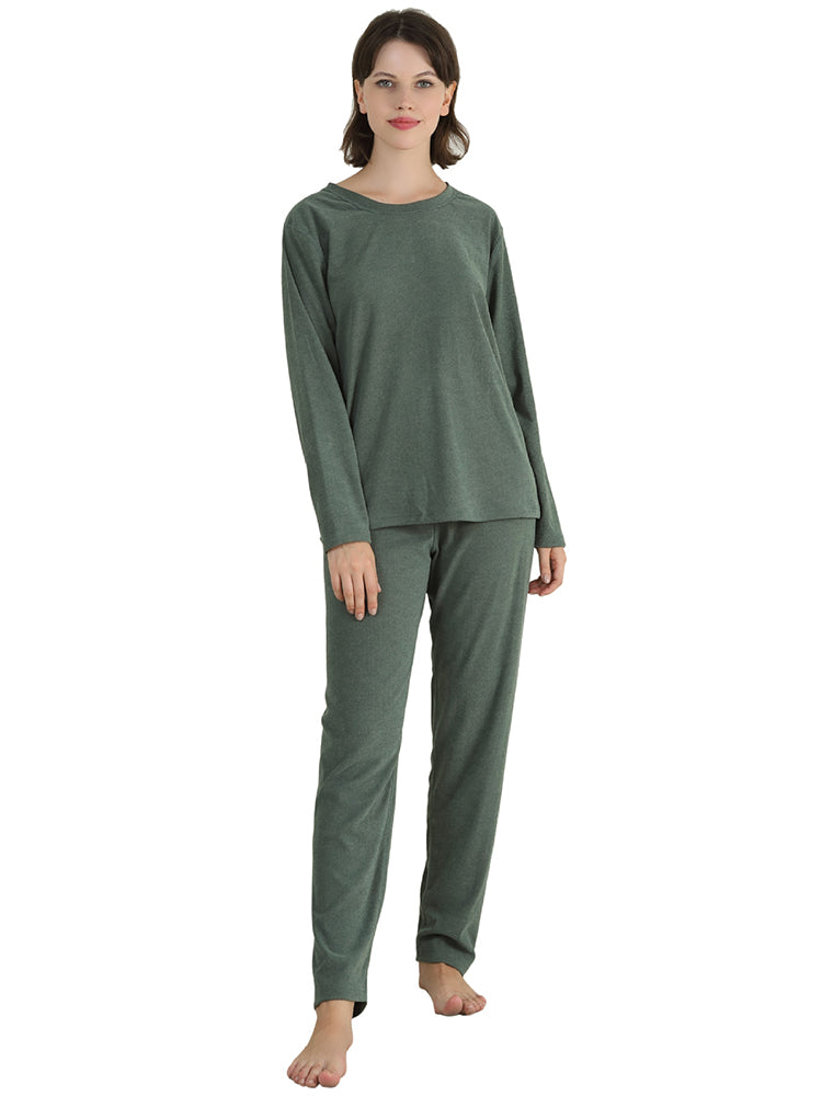 Women Solid Fleece Lined Long Sleeve Plus Size Pajama Sets